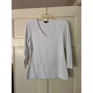 judyp Women White V Neck 3/4 Sleeve Stretch Top Tunic Size‎ M